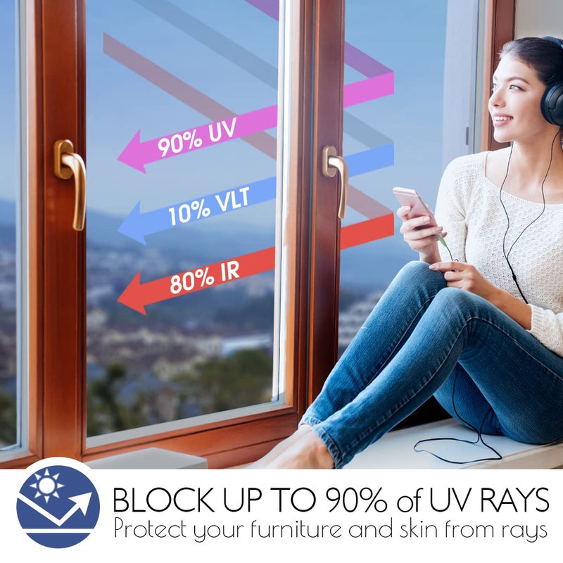 HIDBEA One Way Window Film Daytime Privacy, Heat Blocking Anti UV Reflective Mirror Window Tint for Home, Non-Adhesive Self Static Cling Window Stickers (Blue-Silver, 35.4 Inch x 32.8 Feet) - Image 3